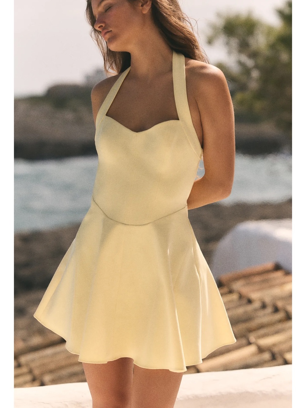 NWT ZARA Sweet Halter Skater Dress in Pale Yellow